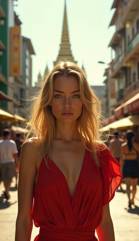  Woman walking through the streets of Bangkok. plano general,  in the background of the royal palace . golden hair, green eyes and red clothes . 