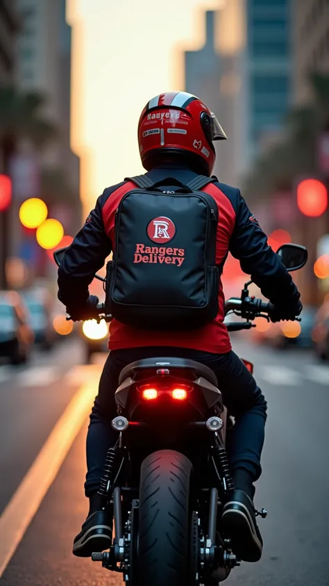  A professional delivery man named Ranger in a modern and dynamic uniform ,  with striking colors such as red and black ,  riding a state-of-the-art motorcycle with Rangers Delivery logos.  The Ranger wears a personalized helmet and an elegant delivery bac...