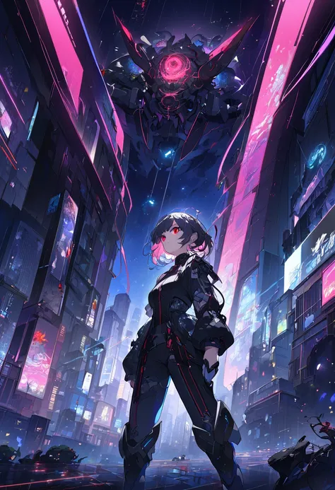 Anime Style,  moonlight, City lights,    Dramatic Composition  , A scene where you fight fiercely with a mysterious and bizarre enemy , digital,  High image quality, cyberpunk
Add keywords ：Delicate expression,  Fragile Girl Who Sings in the Night Town ,  ...