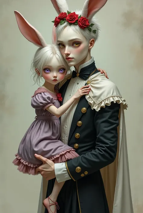 [Semi-Realistic Art Style] A pale, porcelain-skinned girl with dirty white hair and lavender eyes, wearing an antique doll-like outfit in lavender, red, and white, is being carried by a tall, imposing figure with white short hair, golden eyes, with long bu...