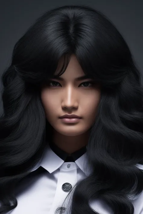 jet black hair,most very long hair,most very lion hair,most very wolf hair,most very frizzy hair,coarse hair,most very spread hairstyle,thick hair,fluffy hair,most very heavy weight hair,hair covering left eye,heavy looking hairstyle,most very voluminous h...