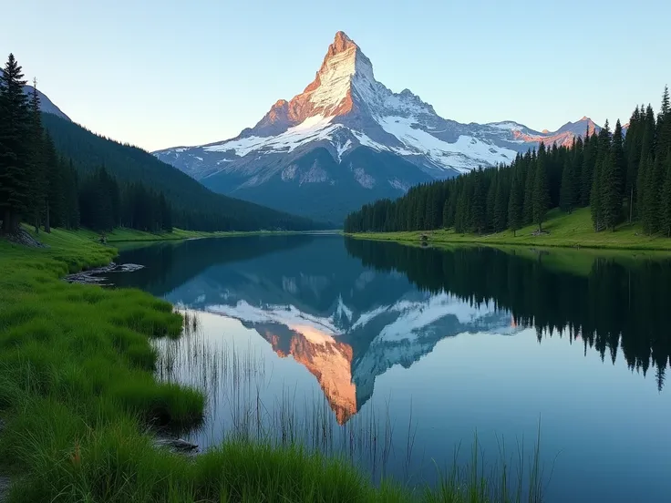 Mountain reflection in tranquil lake; serene landscape featuring a snow-capped mountain range perfectly mirrored in a calm lake, surrounded by lush green grasses; majestic peak, dramatic and crisp; clear, still water mirroring the mountain; vibrant green g...