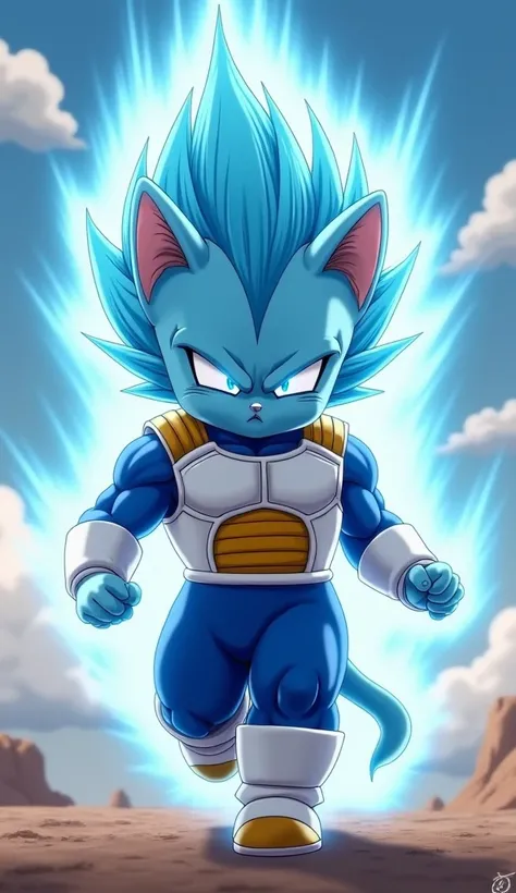  An agile and determined kitten ,  wearing the iconic Vegeta costume ,  with white and blue armor on the upper parts Of the body and blue combat pants,  adjusted and ready for battle .  The kitten is walking with a firm and confident posture , exuding an a...