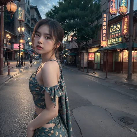 a beautiful girl, detailed eyes and lips, standing alone on the middle of a street in Thailands Chinatown, 1girl, high contrast, vibrant colors, cinematic lighting, photorealistic, 8k, extremely detailed, hyper realistic, masterpiece, digital art, cinemati...