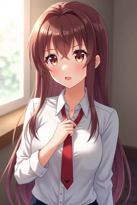 Braless anime girl with an open button-down shirt and tie between her chest