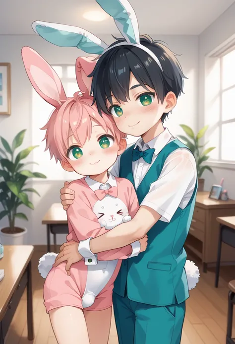 Comic style, comic anime cute boy, black hair, green eyes, slightly blushing, is a primary school boy, baby clothes, bunny suit pink, cute face, big eyes, anime drawing style, shota boy size,slim body, boys body, gay, boys love it, man and boy, heart in pu...