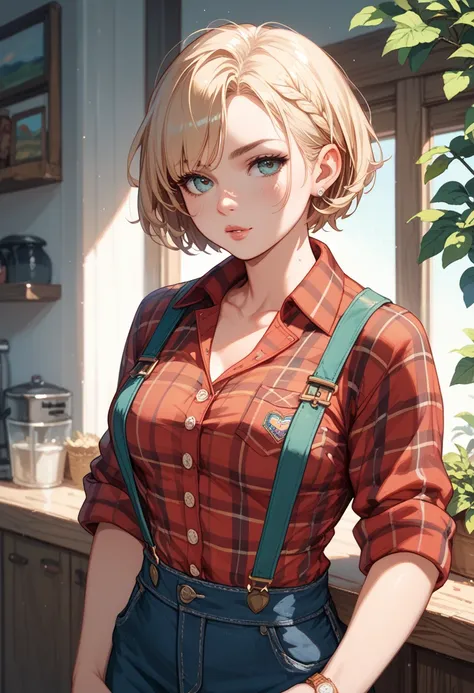 rugged farmer with sun-kissed skin and short blond hair, wearing a rolled-up flannel shirt and suspenders, 