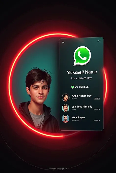 A digital card displaying a WhatsApp with a similar design to the provided the reference image.The card should feature a young persons portrait a circular frame on the left side, with the WhatsApp 3d logo and the text your WhatsApp name Anna hazare boy and...