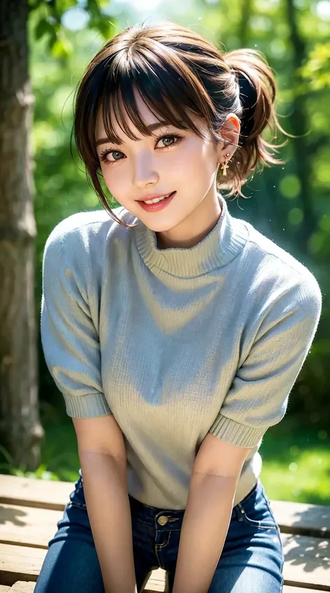 (  best quality ,   Masterpiece :1.3,   ultra high resolution with forest background), ( very detailed,  caustics, 8k), (Realistic:1.4, RAW shooting),  1 girl, (Looking at the camera and smiling), 20 years old, cute, Japanese,  gradient hair color ,  wolf ...