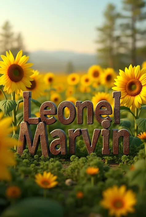 Written name Leonel and Marvin and around real sunflowers