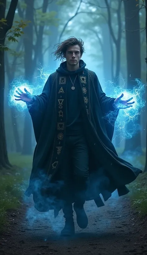 A 24-year-old young man mid-transformation into a fierce sorcerer while walking on a quiet, misty forest path. His casual clothes begin to glow and dissolve into a dark, flowing cloak covered in mystical runes. His hands stretch forward, radiating bluish m...