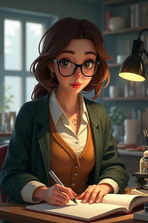 Woman chubby smart glasses researcher scientist zoology brown hair researcher outfit dark academia