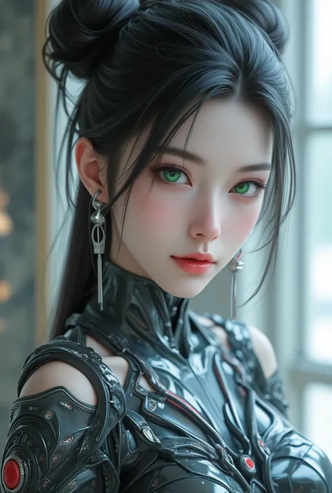 High definition Photography, (Beautiful Female Japanese face, (green puri eye)), (Beautiful cup-A small chests), (white pale skin and athletic physique body), (with cyberware accessories), (wearing pretty modern dress, very long elaborate updo hair),