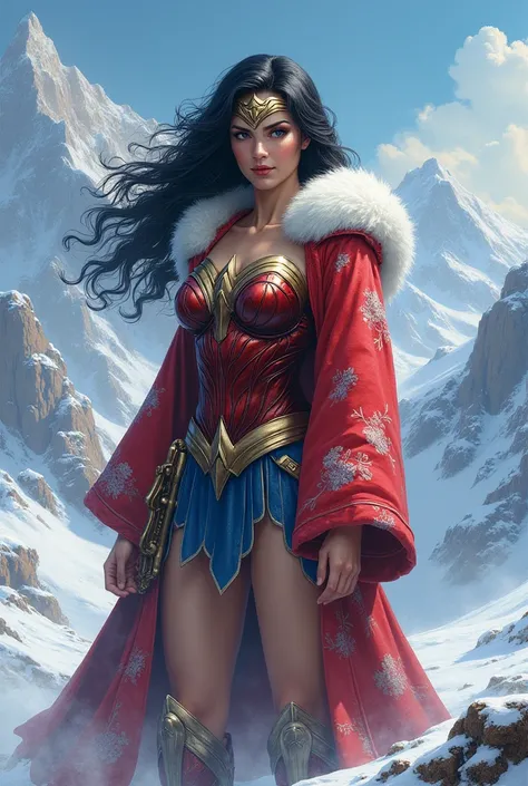 Wonder woman in nezukos clothes standing infront of viewers in snow place