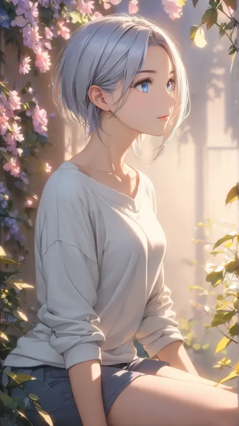 short, slightly tousled light gray hair with a faint bluish tint, sleek and casual hairstyle with soft layers, (boyish and androgynous charm:1.3), calm and introspective young woman, short textured bangs, layered and tousled long nape, asymmetrical bangs, ...