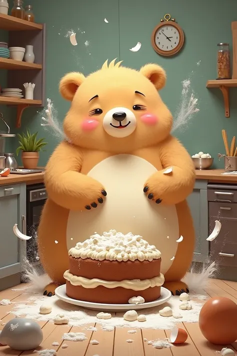 A big, fluffy bear tries to bake a cake, but ends up making a huge mess