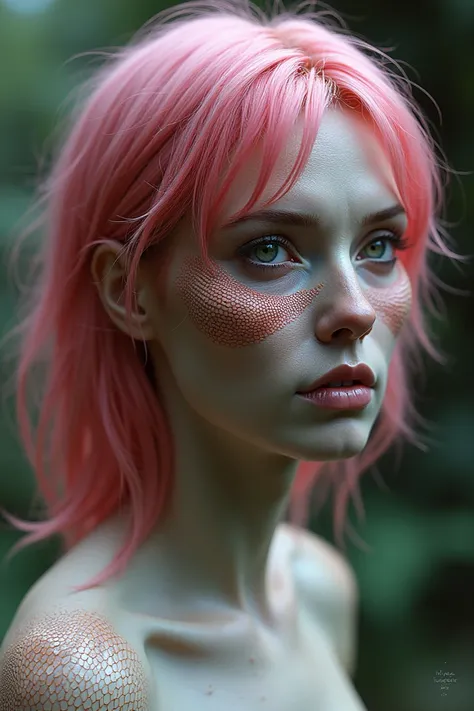 a pink-haired woman who, if she were human, would have looked to be middle-aged. Glossy scales slightly lighter in color than her fair skin surrounded her eyes and extended down her cheeks even in her humanoid form.