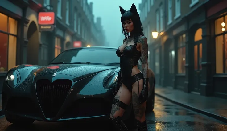 Create an image of a (((beautiful catwoman with cat ears)) and a swimsuit with marked seams, she is all tattooed, Beautiful colorless and seductive eyes, Big breasts, Big butt, Slim waist, Thick thighs next to the cat car (similar to batmans car), The back...