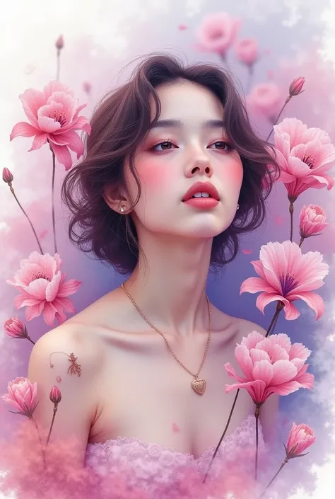 1girl,flower, Lisianthus ,in the style of light pink and light azure, dreamy and romantic compositions, pale pink, ethereal foliage, playful arrangements,fantasy, high contrast, ink strokes, explosions, over exposure, purple and red tone impression , abstr...