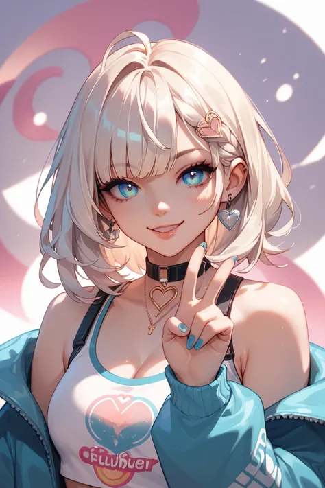 super fine illustration, best quality,1girl, portrait, abstract, Vtuber, looking at viewer, medium hair, white, peace fingers