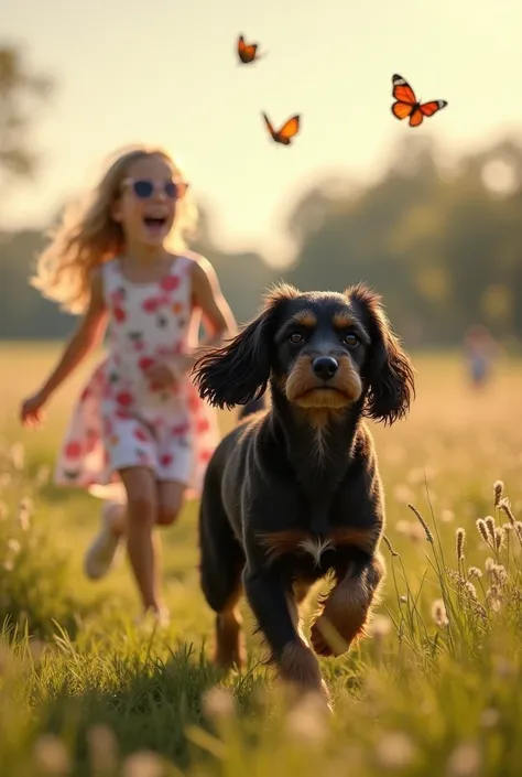 Cocker anglais noir avec queue blanche et petite tâche blanche sur la tête et adolescente blonde avec des lunettes et robe fleurie ,  running in a field of grass, with butterflies , beau soleil ,laugh 