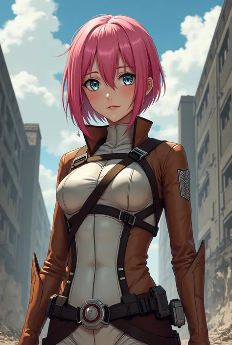 A cute pink-haired woman in her 20s drawn as an image of Attack on Titan