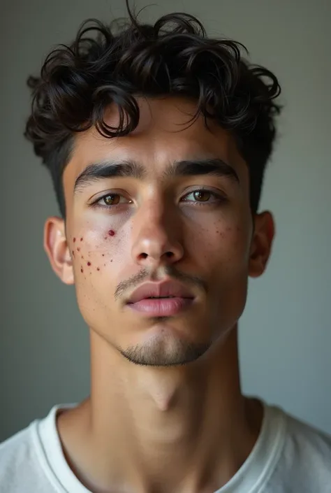  make a person of faith with a face divided into 2, one side with spots and acne and the other side clean and healthy, Move the camera away until you can see his shoulders 
