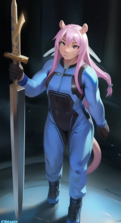     alone   ,​ Tom feMale tall   , อยู่บนถนน Holding a Ninja Sword​ fairy, hippo ,     blue military spacesuit, Overload  ,    Binding muscles  , quiet , pink Long tail hair, by chunie    