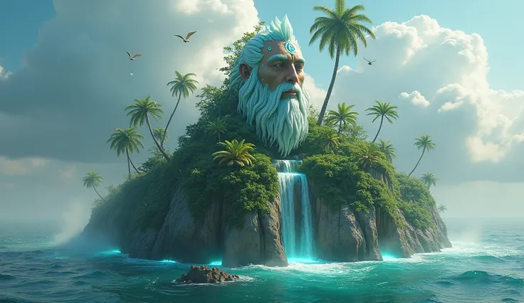 Floating Island Guardian on sea
An ethereal spirit intertwined with a floating tropical island, embodying natures essence in perfect harmony with land, water, and air. in air  floating on air. being buoyed up on water
Indian Spirit with Tilak Face & Head: ...