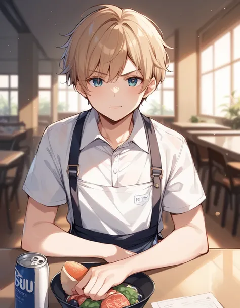  This is a portrait of a young man showing a serious expression 。 his hair is light brown and curled 、 The background is a blurry ball of light （Bokeh effect）Can be seen、 The warm lighting is impressive 。 Hes wearing a white shirt and 、 his apron straps ar...