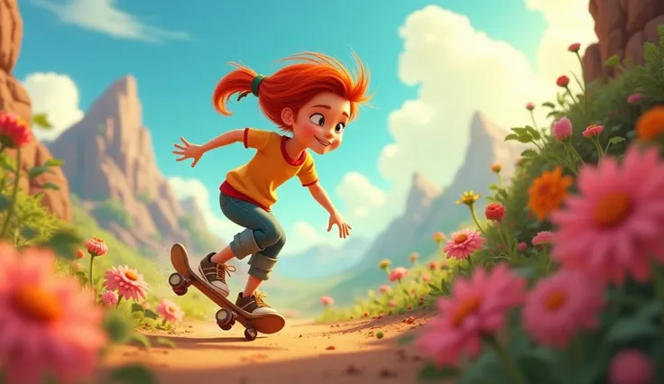  an image for a cartoon story of Disney-style YouTube videos, in Pixar format :  Chloe in Star Valley :  A girl with fiery red hair,  grow and with the eyes of the color of spring grass ,  curious , brave,  loves adventures . Dressed in a simple , comforta...