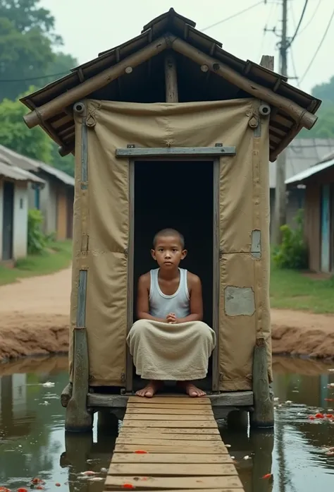 Age s,Indonesian,(), white singlet,Squatting behind the toilet door that only covered half of the body and was made of sack,In a toilet that does not have a roof/open roof,The walls of the toilet are made of used sacks full of patches,It has four supportin...