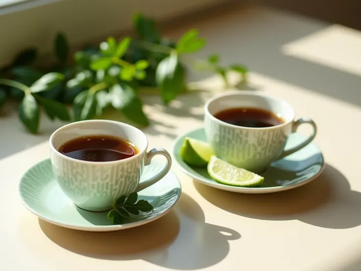 Two delicate, white coffee cups with light sage-green saucers, decorated with a repeating pattern of small, stylized leaves.  Dark coffee is visible in each cup.  Freshly cut limes and sprigs of watercress rest on a sage-green saucer.  Green houseplant lea...