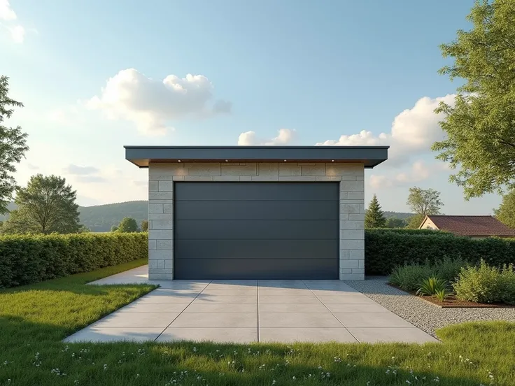 Create a very realistic 8K, high definition image of a modern French house located in the countryside in a subdivision, seen from the front, with a sunny environment with clouds. The garage door should be the main element of the image, small, not very wide...