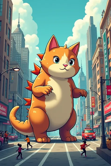 Create a cute 2D image of a cat look like a Godzilla stepping on a building in the city.