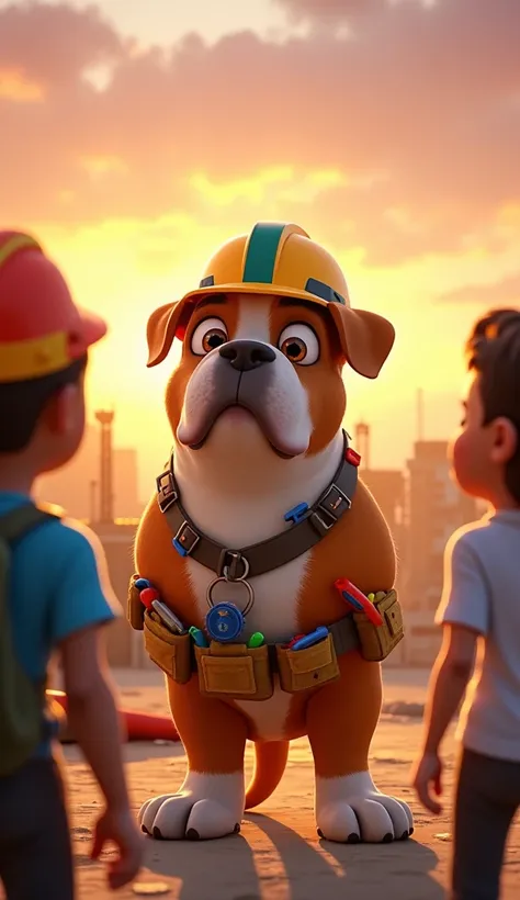 Bolt(A Bulldog, Sturdy build with a broad head and muscular body. Medium-length, smooth coat with a mix of fawn and white. Bright, expressive eyes showing determination and intelligence. Always wears a colorful hard hat and a tool belt filled with various ...