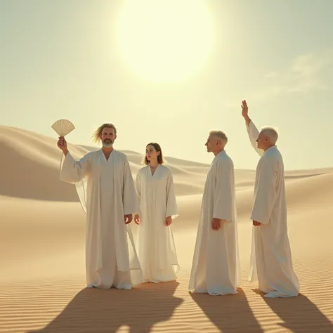  Creates an image where 4 men dressed in white are in the desert , all of them are white-skinned ,  the first has a fan in his hand ,  the second has shoulder-length hair ,  the third is blond and the last one is raising his hand to the sky 