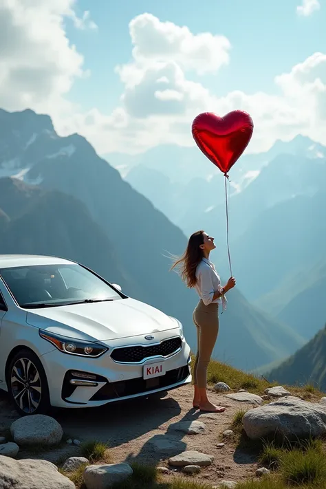 A woman stands next to a kia car ,  and holds a heart alau balloon in her hand standing on a mountain