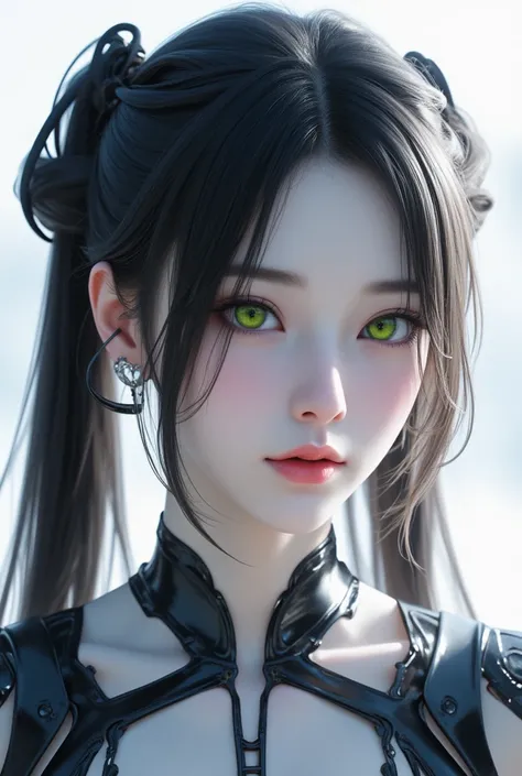 High definition Photography, (Beautiful Female Japanese face, (green puri eye)), (Beautiful cup-A small chests), (white pale skin and athletic physique body), (with cyberware accessories), (wearing pretty modern dress, very long elaborate updo hair),