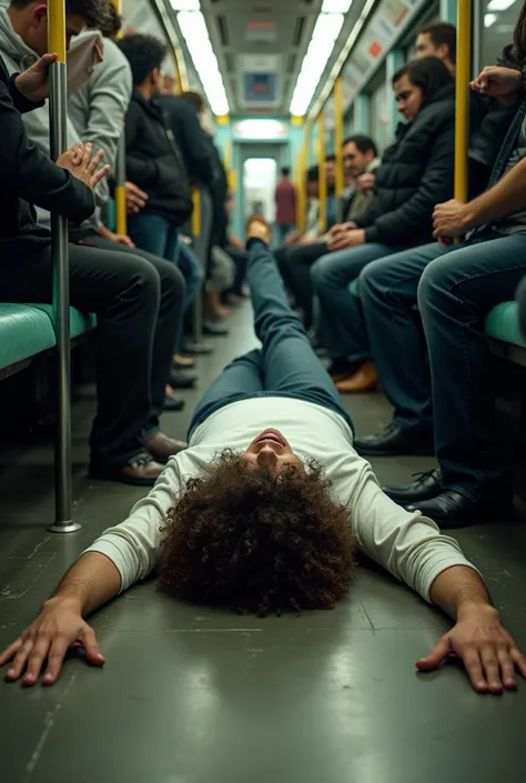 Create me a man with curly hair in a fully stretched position on the bus floor