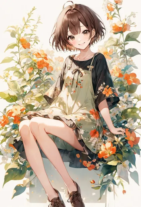 A 20 year old woman、Brown hair and short hair、 kind smile、cute、Perfect limbs