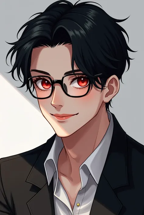  black hair, Red eyes, Glasses,male,smile,whole body