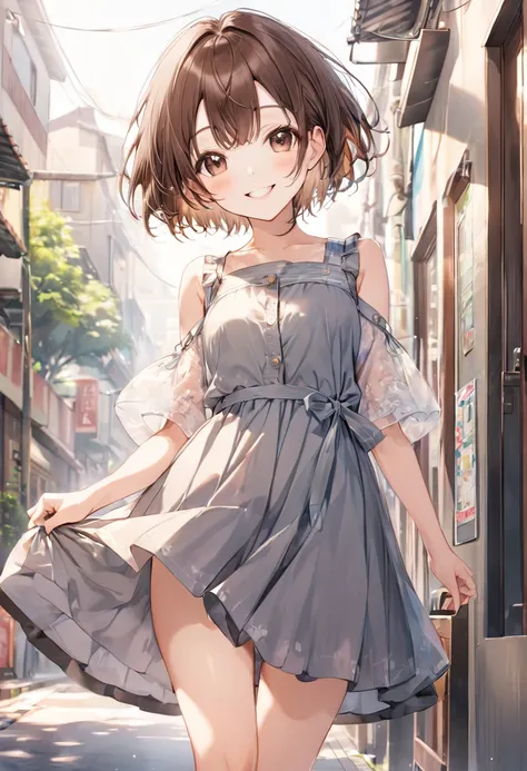 A 20 year old woman、Brown hair and short hair、 kind smile、cute、Perfect limbs