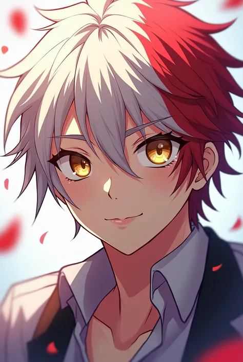 Anime boy white and red hair yallow eyes