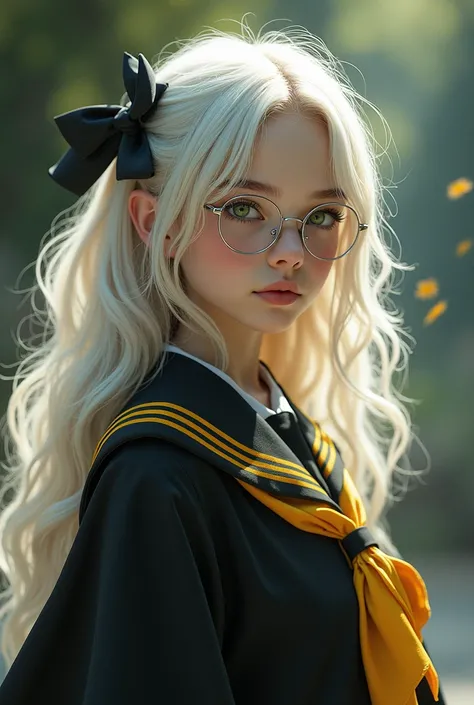  White Long Hair Teen Girl , Green eyes,  wearing a school dress , Magic Set , black,  Yellow Stripes With Silver Framed Glasses