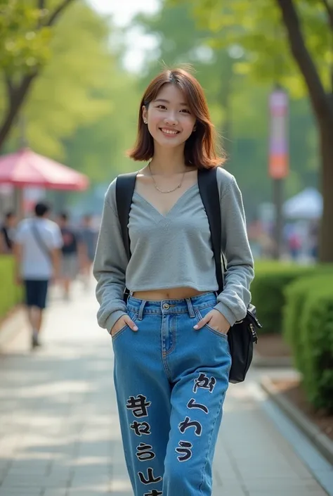 Generate an image of Real photo of a young woman, beautiful, clean face, light brown hair color, both wearing modern Korean style clothes and denim pants in gray and bright blue with lots of koci writing motifs, walking in a Japanese city tourist park, foc...