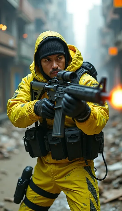 Mon personnage est un homme dorigine asiatique de 40 ans avec un visage buriné il a un fusil dassaut dans les mains et il est train de visé et de tirer sur ses adversaires, cest un cyberpunk, un mercenaire aguerri pour une battle royale dans un monde futur...