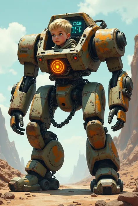 A mech with a male  in it, 13 yesrs old, blonde hair, blue eyes, mech is made out of junk parts, holografik monitors, and a reactor as the power source