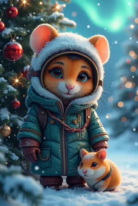 A beautiful cyberpunk hamster lady, native American facial features, wearing a hamsteri custome, wearing cyberpunk winter armor high technology hamster, design , colorful detailed hanster cyberpunk armor designs, ultra realistic composition, comauflage beh...