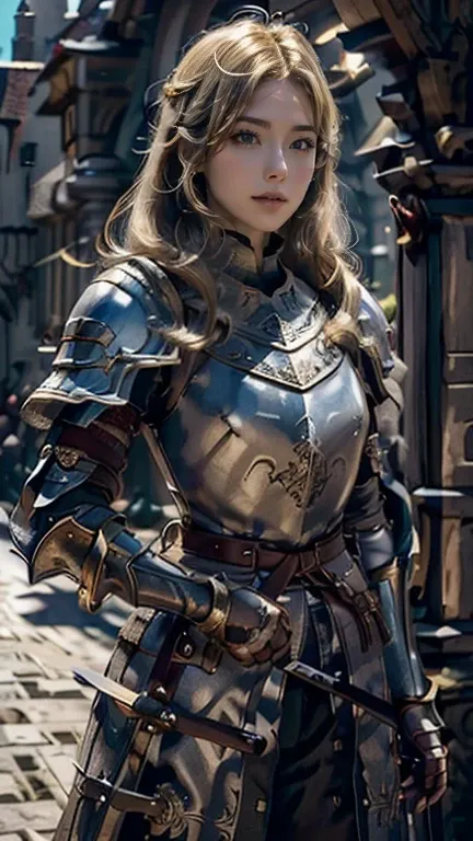 ((Cure a real high quality , 4K, Detailed shadows and lights ))、, 1 woman、  She has light blond hair and dark red eyes、 has a very beautiful face , compensate, Beautiful skin ,  Shes wearing medieval armor ,  sexy、(( holds a longsword in both hands)）、 medi...